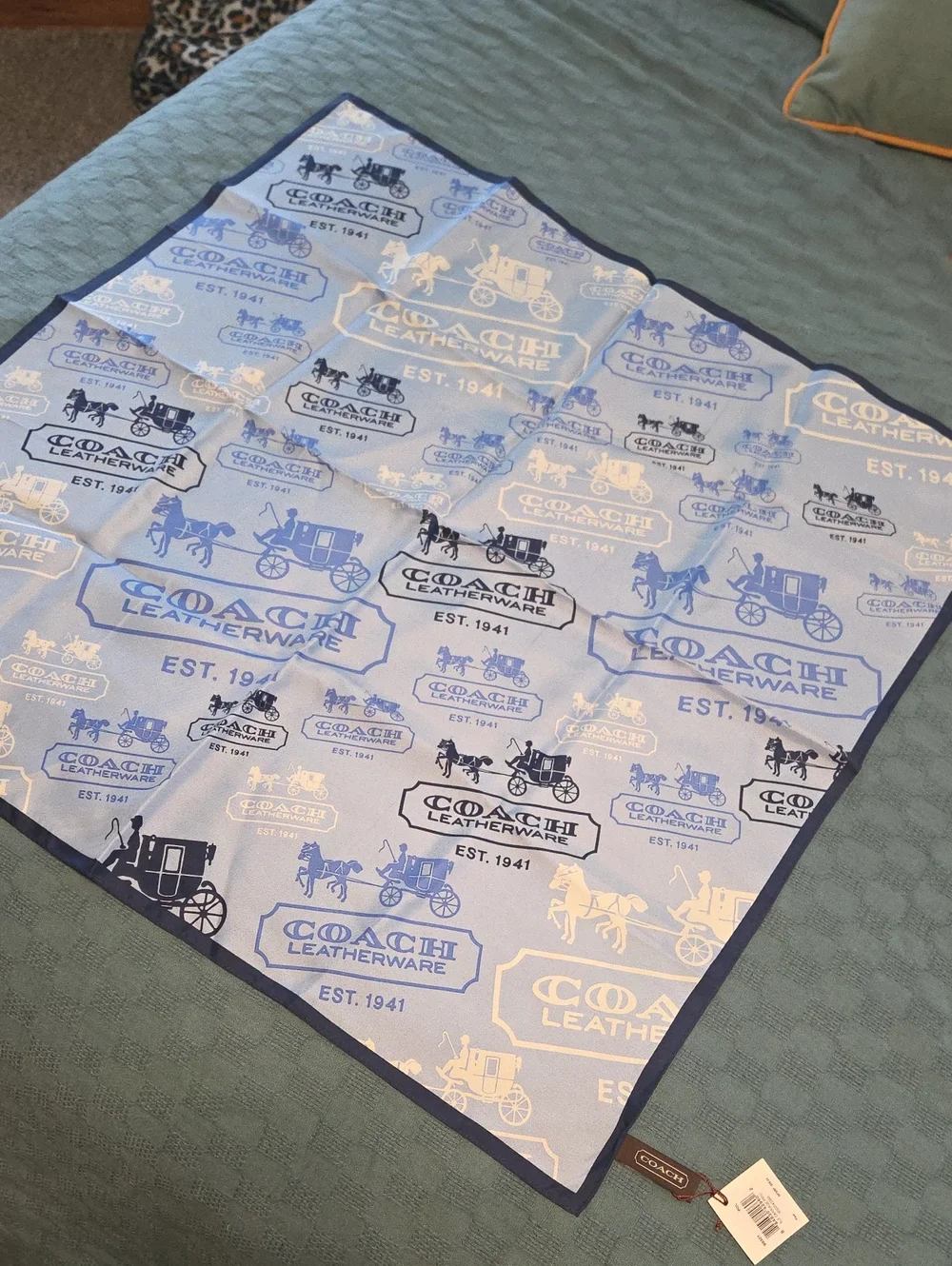 COACH Light Blue and Navy Logo Carriage Silk Scarf NWT